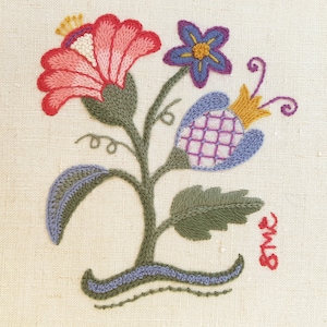 Crewel, embroidery designs, patterns, Three Flowers, floral, sampler, crewelwork, art, stylised, to make
