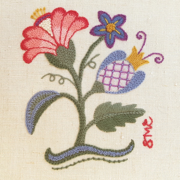 Crewel, embroidery designs, patterns, Three Flowers, floral, sampler, crewelwork, art, stylised, to make