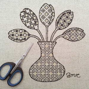 Blackwork pattern, tulips in vase, gold details, traditional style, Tudor embroidery, stitch diagrams, photographs, stitched picture, gift