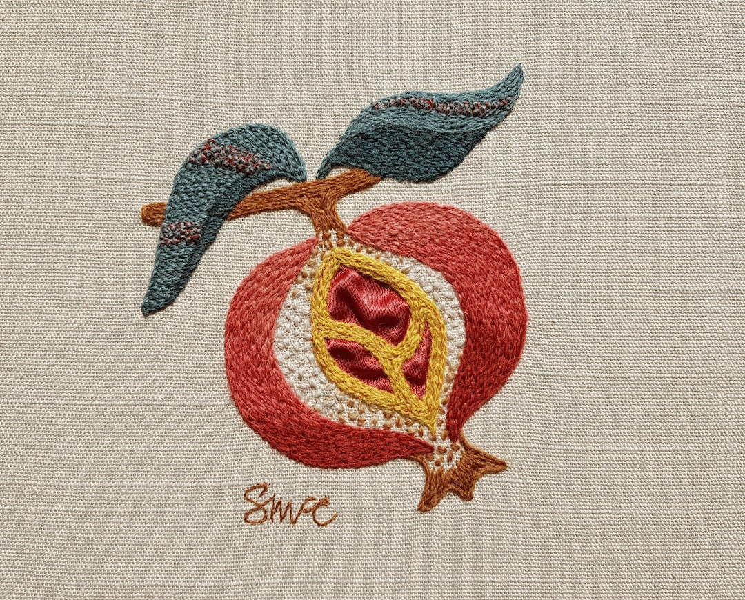 Crewel Embroidery Pomegranate—Finished!