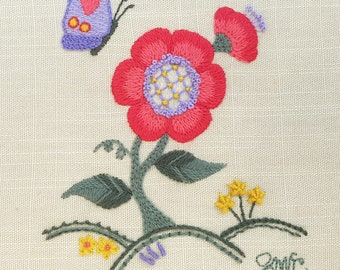 Crewel design, pdf pattern, wool embroidery, flowers, floral sampler, pink rose, crewelwork, stylised picture, textile art, Appletons yarn