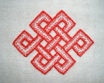 pdf embroidery pattern, redwork stitching, celtic knot, two size options, chain and seed stitches, strapworks, interweave, to make, crafts
