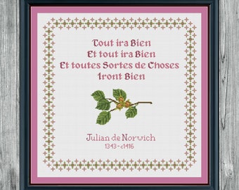 Cross stitch pattern pdf, positive, uplifting quotes from Julian of Norwich, words of encouragement in French, borders and hazelnut motifs