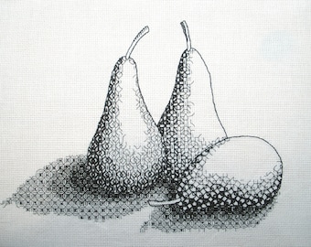 Three Pears Blackwork Pattern, Shaded Embroidery Design (PDF Download)