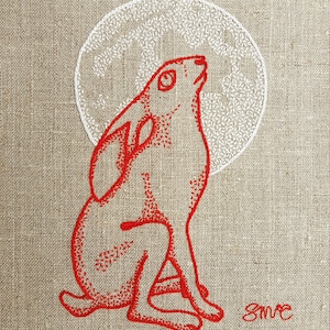 Embroidery pattern, pdf, Moongazing Hare, simple stitching, redwork, textile art, finishing instructions, downloadable, fullmoon