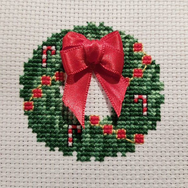 Cross stitch design, Christmas wreath, candy canes, seasonal embroidery, greeting card idea, satin bow, home decorations, set of three, DIY