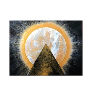 May include: Abstract painting with a black background, a gold halo, and a white and gold marbled circle. A black triangle with gold accents sits in front of the circle.