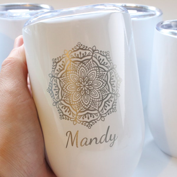 Engraved Wine Tumbler With Mandala And Name, Wine Cup With Lid, Personalised Tumbler, Bridesmaid Gift Box Tumbler, Party Favour, For Her