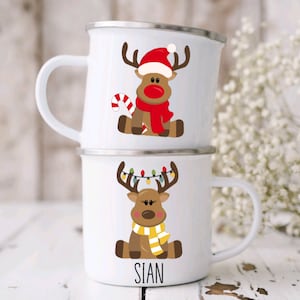 Personalised Christmas Mug With Reindeer For Toddler, Enamel Unbreakable Mug, Name On Mug, Kids Mug, Movie Mug, Childs Mug, Xmas Family Mugs