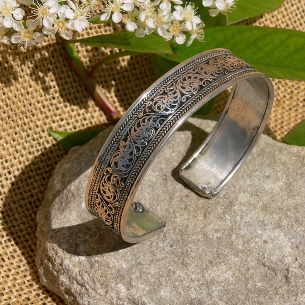 Silver Filigree Ethnic Cuff Bracelet, Tibet Nepal, width 1.4cm, tribal boho cuff bracelet, for men/women.