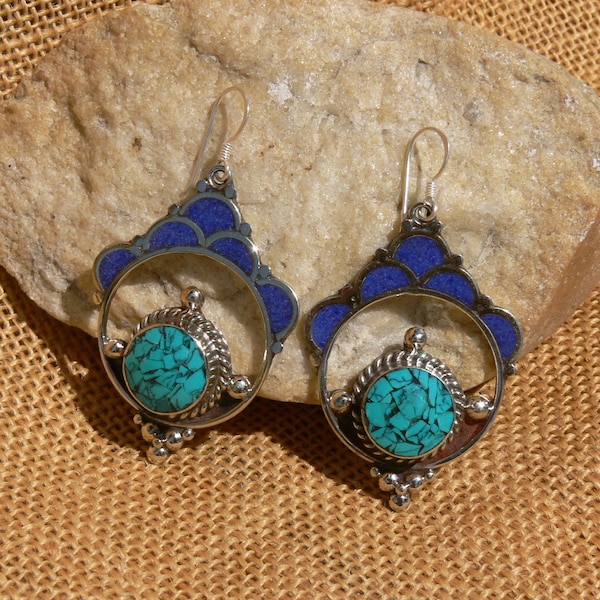 Boucles d'Oreilles Pendantes Ethniques Style Tibétain Originales Turquoise Lapis Lazuli, ACCROCHE ARGENT 925, Népal