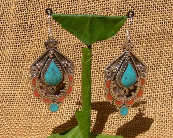 Original turquoise earrings, boho chic ethnic earring - 925 Silver hook - Nepal