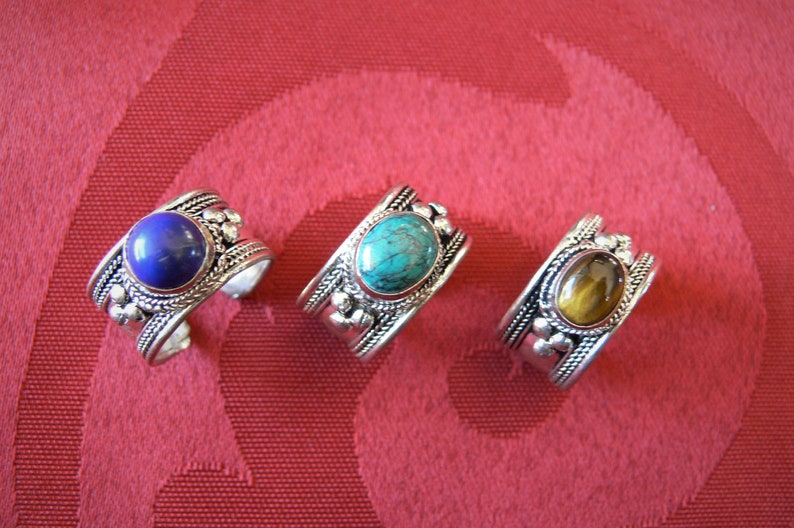 LOT Tibetan Turquoise Lapiz Lazuli Tiger Eye Rings on Silver Metal Adjustable for Men or Women Nepal.