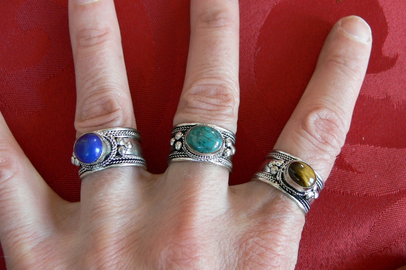 LOT Tibetan Turquoise Lapiz Lazuli Tiger Eye Rings on Silver Metal Adjustable for Men or Women Nepal.