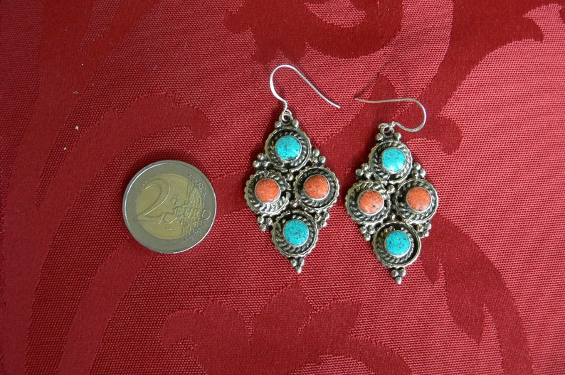 Traditional Ethnic Earrings Nepal Tibet Turquoise Coral Vintage Bohemian Elegant Drop-shaped HANGING SILVER 925