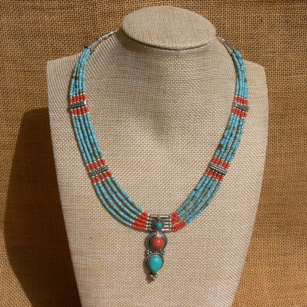 Collier ras de cou en pierres fines turquoise et corail, collier multirangs ethnique bohème chic, pour femme, Népal