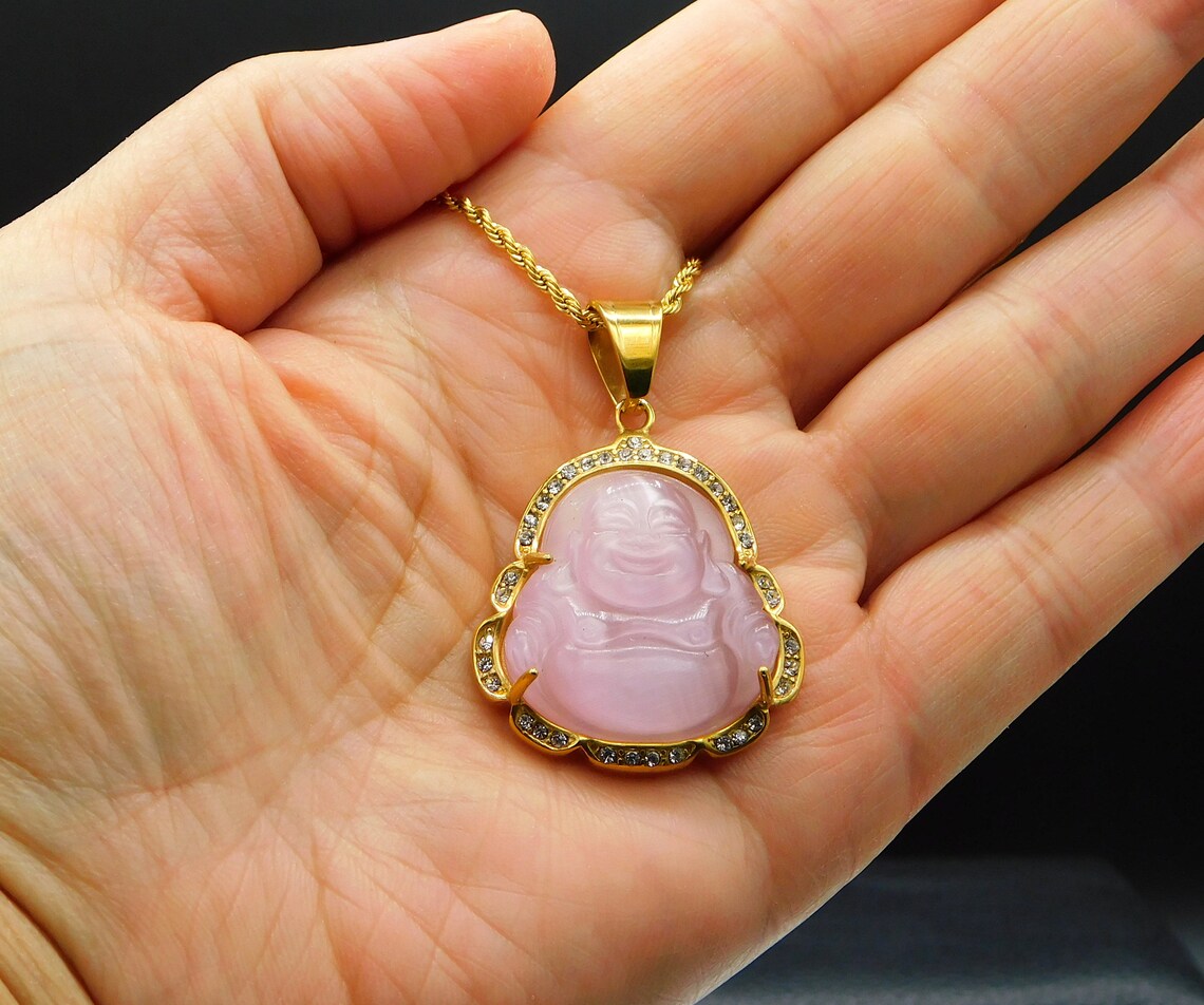 Gold Buddha Pendant Necklace Pink Jade Buddha Charm Etsy