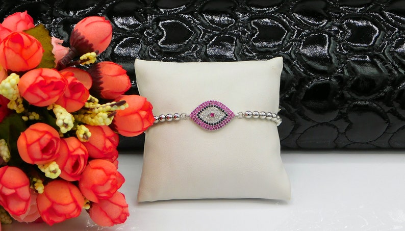 Evil Eye Adjustable CZ Bracelet Protection Bracelet Evil Eye Beaded Bracelet Silver Evil Eye Rhodium Plated Brass Good Luck Bracelet