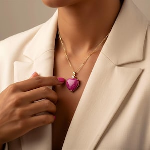 Pink Jade Heart Pendant Necklace, Gold Filled, CZ Accent