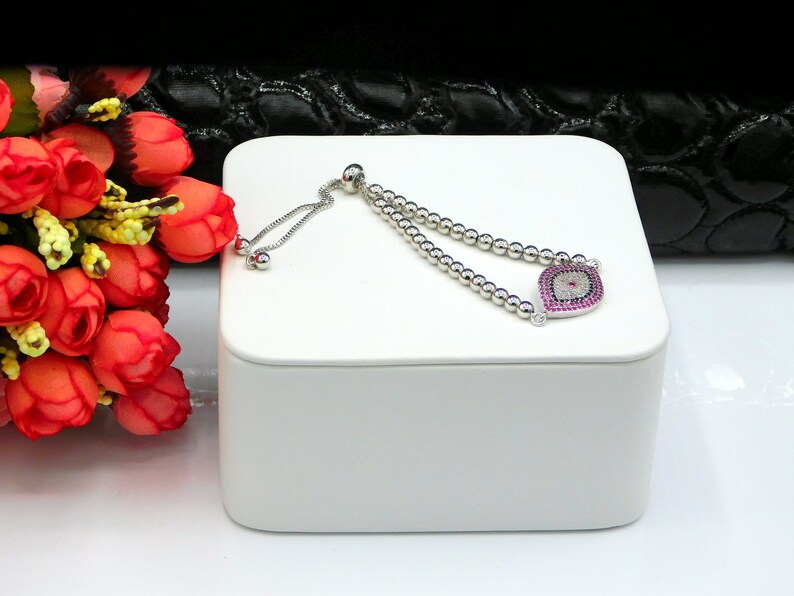 Evil Eye Adjustable CZ Bracelet Protection Bracelet Evil Eye Beaded Bracelet Silver Evil Eye Rhodium Plated Brass Good Luck Bracelet