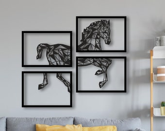 Vier stuk geometrische paard metalen muur kunst, run wild vinyl ontwerpen, paard beeldje Kentucky Derby Art hippische gift, paarden paard standbeeld