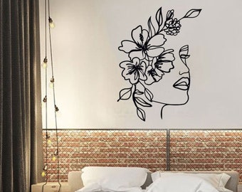 One Line Women Face With Floral, Large Metal Wall Art for Nursery Decor, Simple Modern Continuous Line  Face, Wire Sculpture Gift for Her