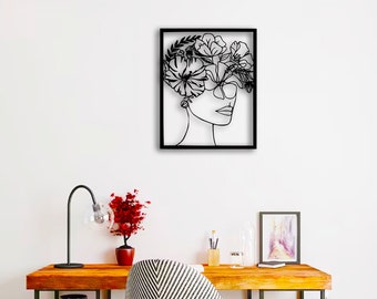 One Line Art Woman Face, Metal Tree Wall Art, Abstract Flower Farmhouse Decor, Floral Wall Art, Mothers Day Gift,Aesthetic Modern Room Decor