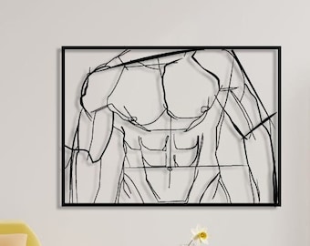 Man naakt lijntekening homo-erotische metalen muur kunst, erotische naakte man lichaam pak sculptuur, mannelijke slaapkamer kunst, kunst naakt fotografie sportschool decor