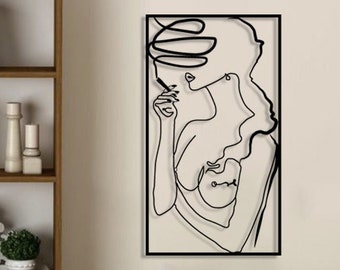 Sigaret Na Sex One Line Vrouw Metalen Wall Art, Vrouwelijke Borsten Foto Roken Slaapkamer Art, Naakte Lijn Soulmate Tekening Boerderij Decor