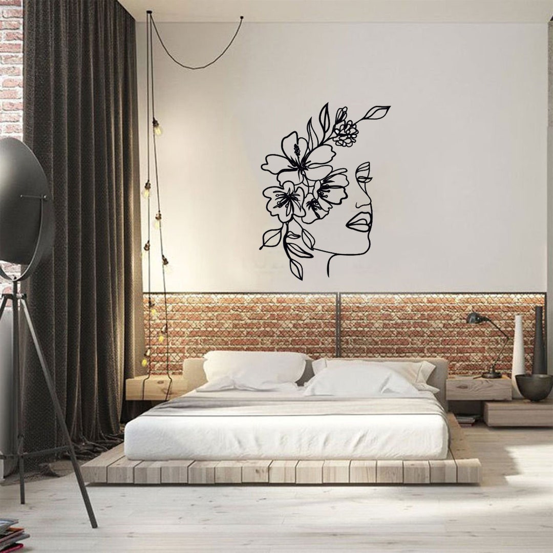 One Line Women Face With Floral, Large Metal Wall Art for Nursery Decor ...