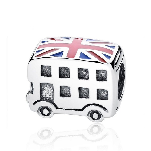 Breloque Union Jack Bus / Grande-Bretagne / Convient à un bracelet Pandora / Perles / ALE / Argent sterling S925 / Entièrement estampé