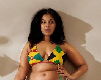 Jamaica Grenada String Bikini Top, Large Bust Swimwear, Grenada Swimwear, Jamaican Clothing, Jamaican Flag Swimsuit, Rasta Bikini, Plus Size