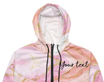 Customizable Cropped Hoodie, Pink Marble, Windbreaker, Personalized Jacket, Custom Gift, Women's Gift
