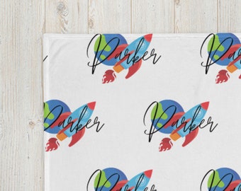 Personalized Rocket Ship Throw Blanket, Outer Space Blanket, Astronaut Blanket, Toddler Blanket,  Shower Gift, Birthday Day Gift, Galaxy