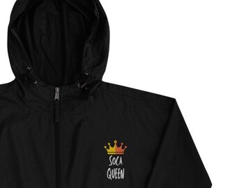 Soca Queen Embroidered Champion Packable Jacket,  Windbreaker, Rain Jacket, Pull Over Coat, Soca Junkie, Carnival Queen, Trinidad