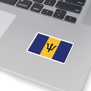 May include: A sticker featuring the flag of Barbados. The flag is yellow and blue with a black trident in the center.