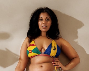Barbados Grenada String Bikini Top, Large Bust Swimwear, Grenada Swimwear, Bajan Clothing, Barbados Flag Swimsuit, Plus Size