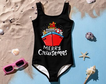 Merry Cruisemas Swimsuit, One pIece, Girls Swimwear, Merry Christmas, Santa on Vacation, Christmas trip, Christmas vacation, Girls Swimsuit