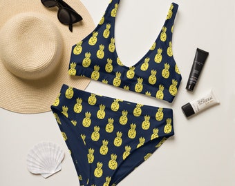 Pineapple High-waisted Bikini, Blue and Yellow Swimsuit