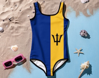 Barbados Kids One-Piece Swimsuit, Bajan Outfit, Blue and Yellow, Barbados Clothing, Girls Swimsuit