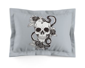 Gothic Skull Pillow Sham, Microfiber Duvet Cover, Floral, King Size, Standard Size, Snakes, Goth Decor, Skull Bedding