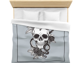 Gothic Skull Duvet Cover,  Microfiber, Snake Blanket, Floral, Queen Size, King Size, Goth Decor, Skull Bedding