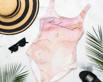 Custom Bridesmaid One-Piece Swimsuit, Pink Marble Swimsuit, Bridesmaids Gift, Bridesmaid Swimwear, Bachelorette Party, Plus Size Swimsuit