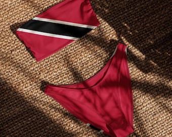 Trinidad & Tobago Bandeau Bikini, Red and White Swimsuit, Monday Wear, Strapless Bikini Top
