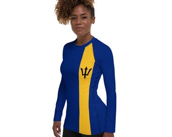 Barbados Flag Rashguard, Women's Rash Guard, Long Sleeve Swimwear, Water sports, UV protection , Quick dry fabric