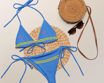 Aruba Bikini Set, Blue Bikini, Triangle Bikini, Large Bust Swimwear, Red Stars, Gift for Girlfriend, Gift for Wife, Caribbean cruise