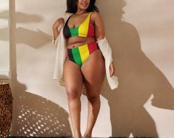 Jamaica Rasta Coloured High Waisted Bikini, Eco-friendly Swimwear, Jamaican Clothing, Jamaica Swimwear, Women's Swimsuit, Plus Size Swimwear