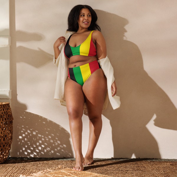 Jamaica Rasta Coloured High Waisted Bikini, Eco-friendly Swimwear, Jamaican Clothing, Jamaica Swimwear, Women's Swimsuit, Plus Size Swimwear