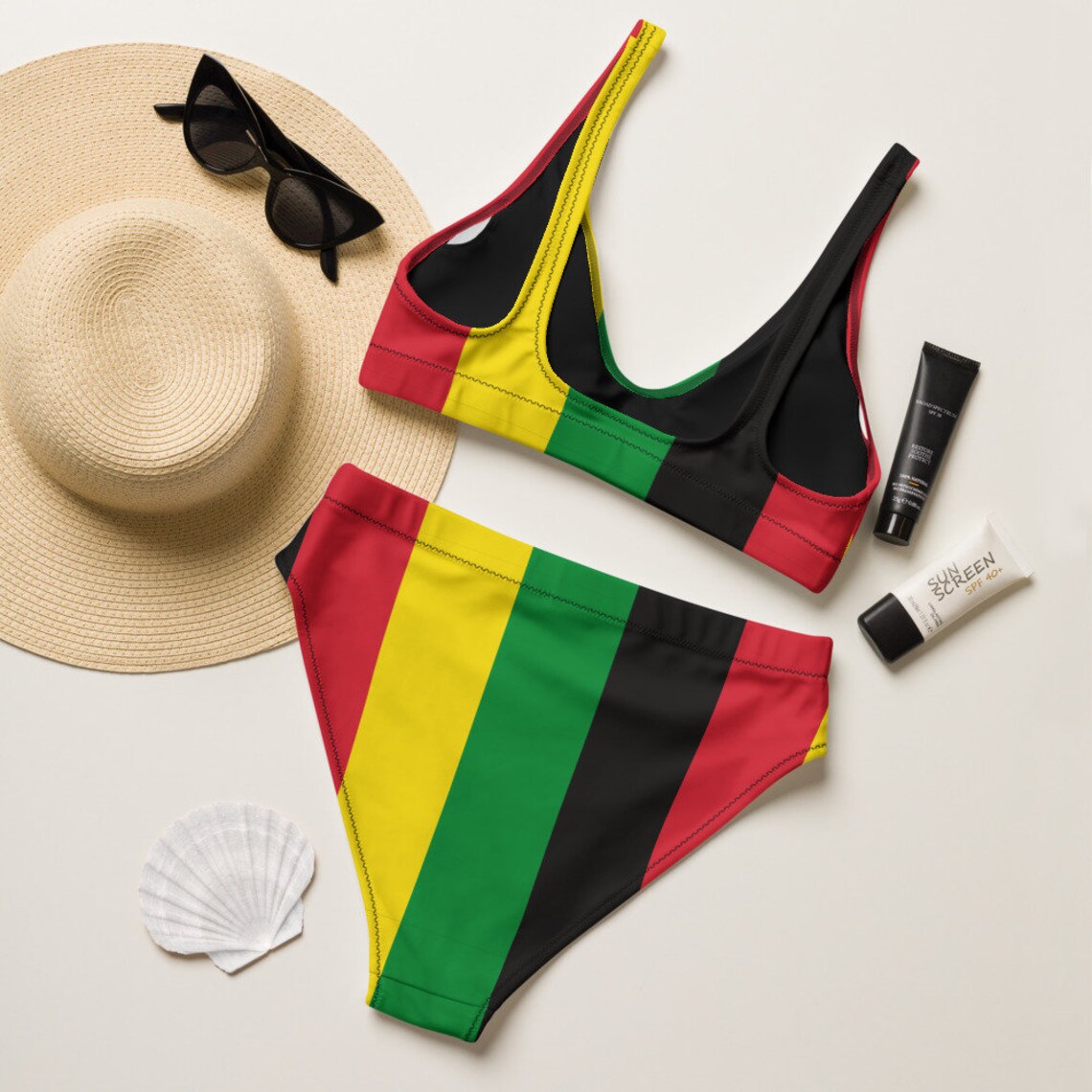 Jamaica Rasta Coloured High Waisted Bikini, Ecofriendly Swimwear