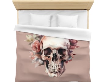 Gothic Skull Duvet Cover,  Microfiber Duvet Cover, Floral, King Size, Twin Size, Queen Size, Goth Decor, Skull Bedding